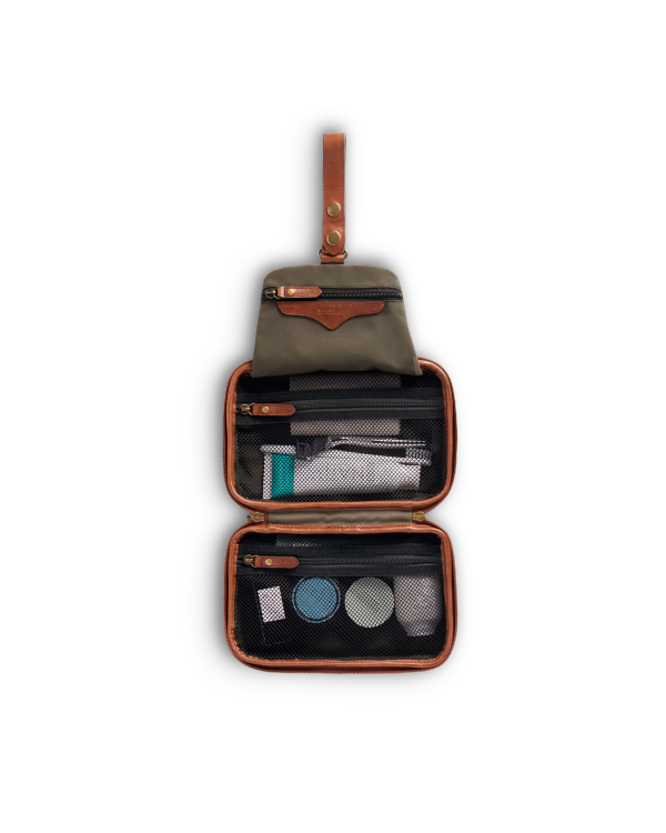 Inside view of Bartlett Hanging Travel Kit - Cognac on plain background