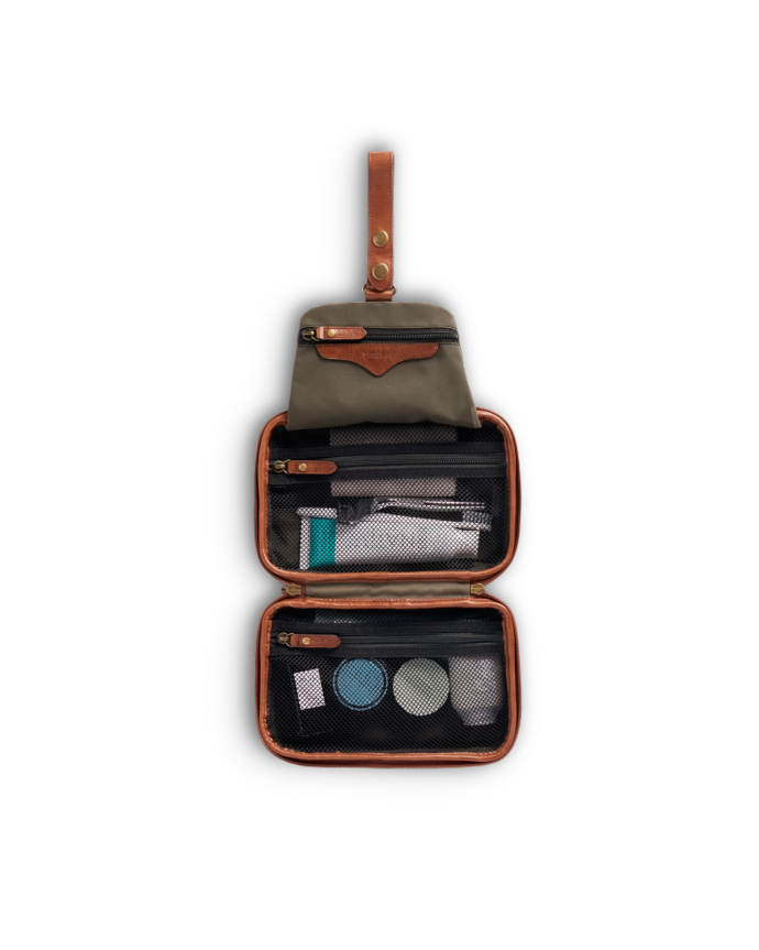Inside view of Bartlett Hanging Travel Kit - Cognac on plain background