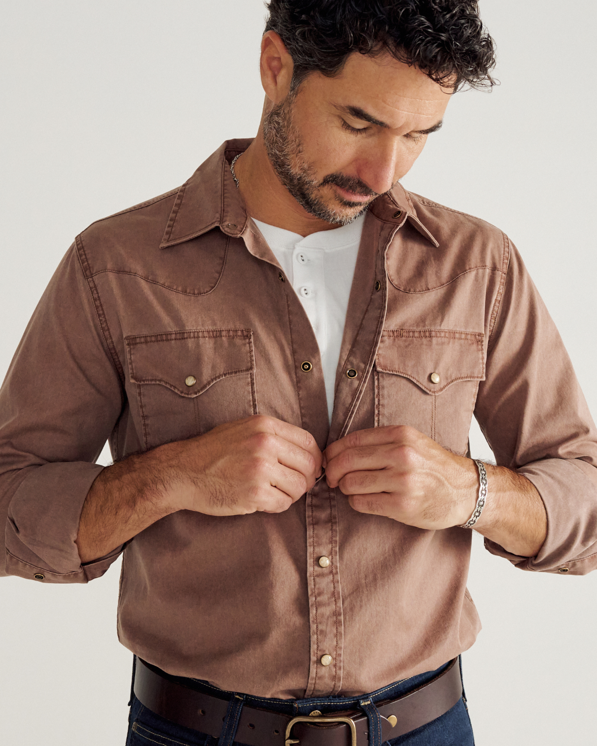 Closeup detail view of Men's Thorn Stopper Pearl Snap LS - Brown