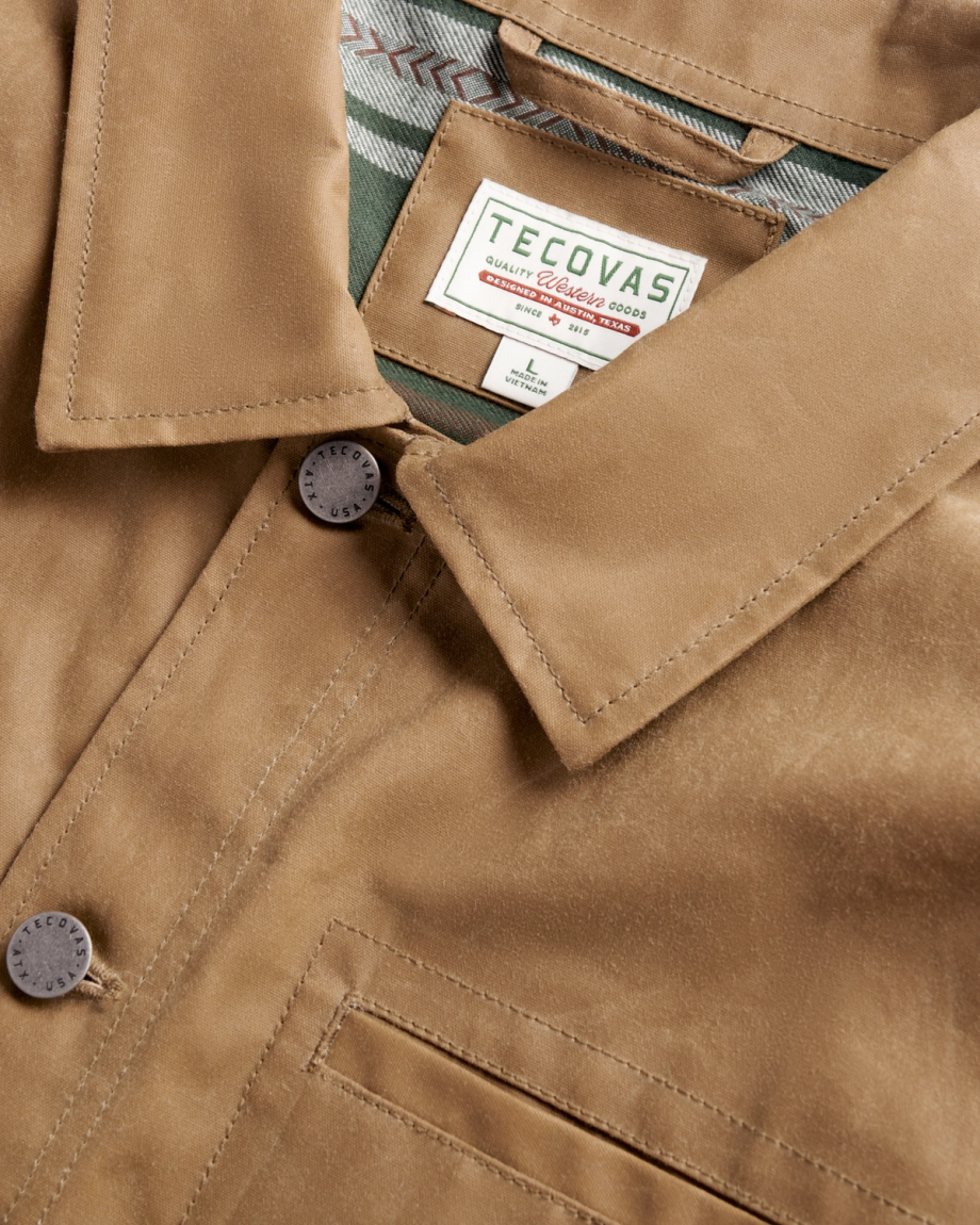 Closeup detail view of Men's Waxed Ranch Jacket - Field Tan