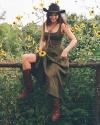 woman, cowboy hat, sunflowers