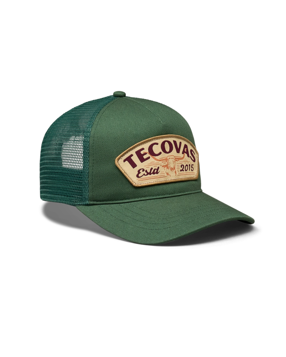 Quarterfront view of Longhorn Badge Trucker - Hunter Green on plain background
