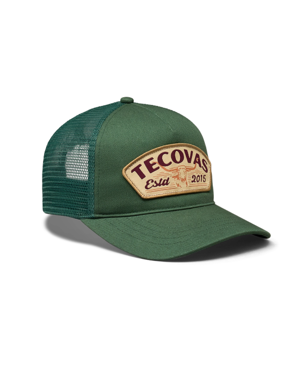Quarterfront view of Longhorn Badge Trucker - Hunter Green on plain background