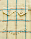Closeup detail view of Men's Sawtooth Linen Short Sleeve Pearl Snap - Yellow / Teal