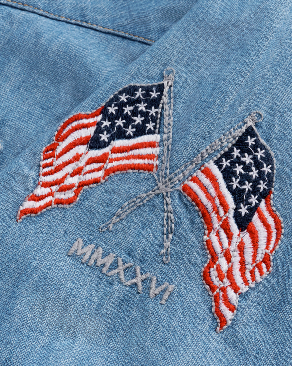 Closeup detail view of Men's Denim Pearl Snap LS - Turquoise / Multi