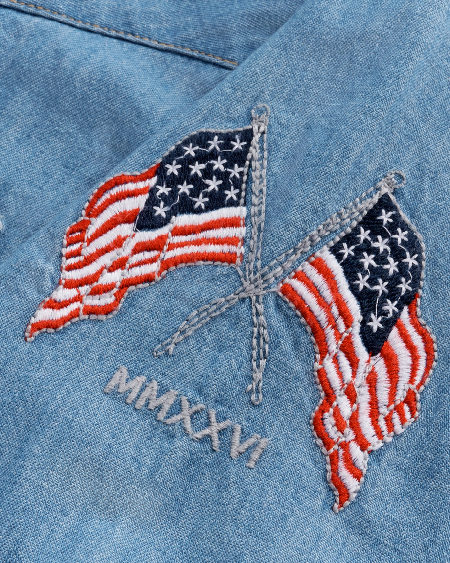 Closeup detail view of Men's Denim Pearl Snap LS - Turquoise / Multi