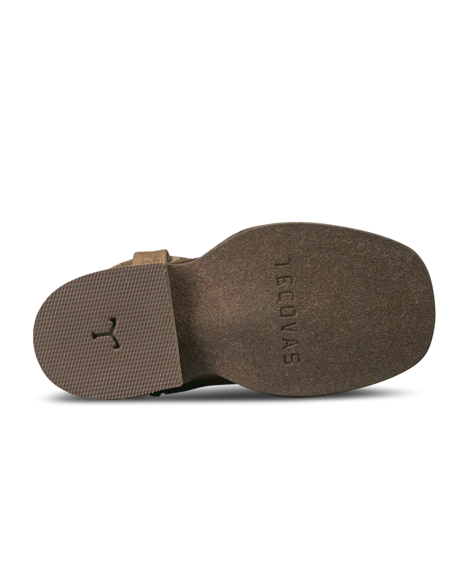 The photo shows the bottom sole of a brown boot with “TECOVAS” embossed near the heel and a textured area near the toe.