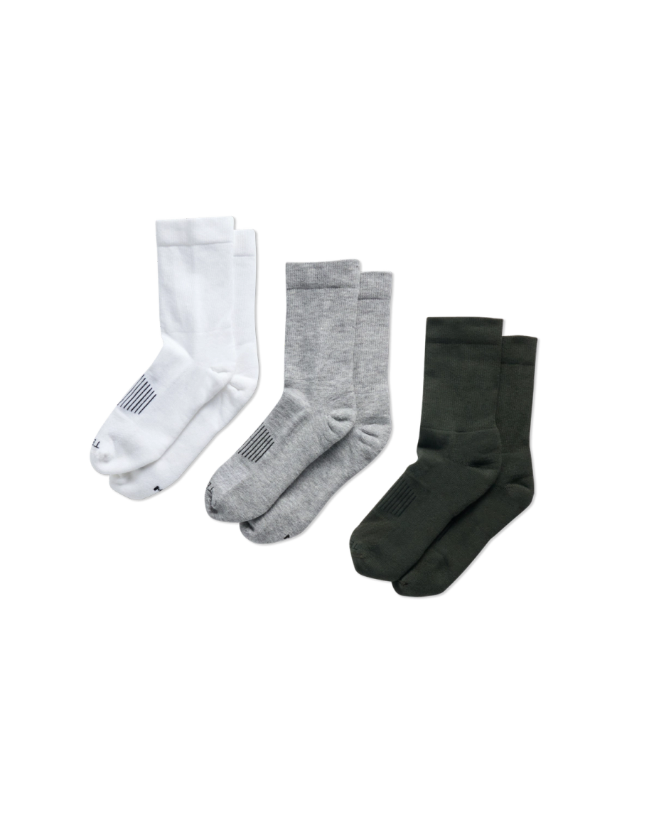Quarterfront view of Crew Socks (3-Pack) - White / Green / Light Gray on plain background