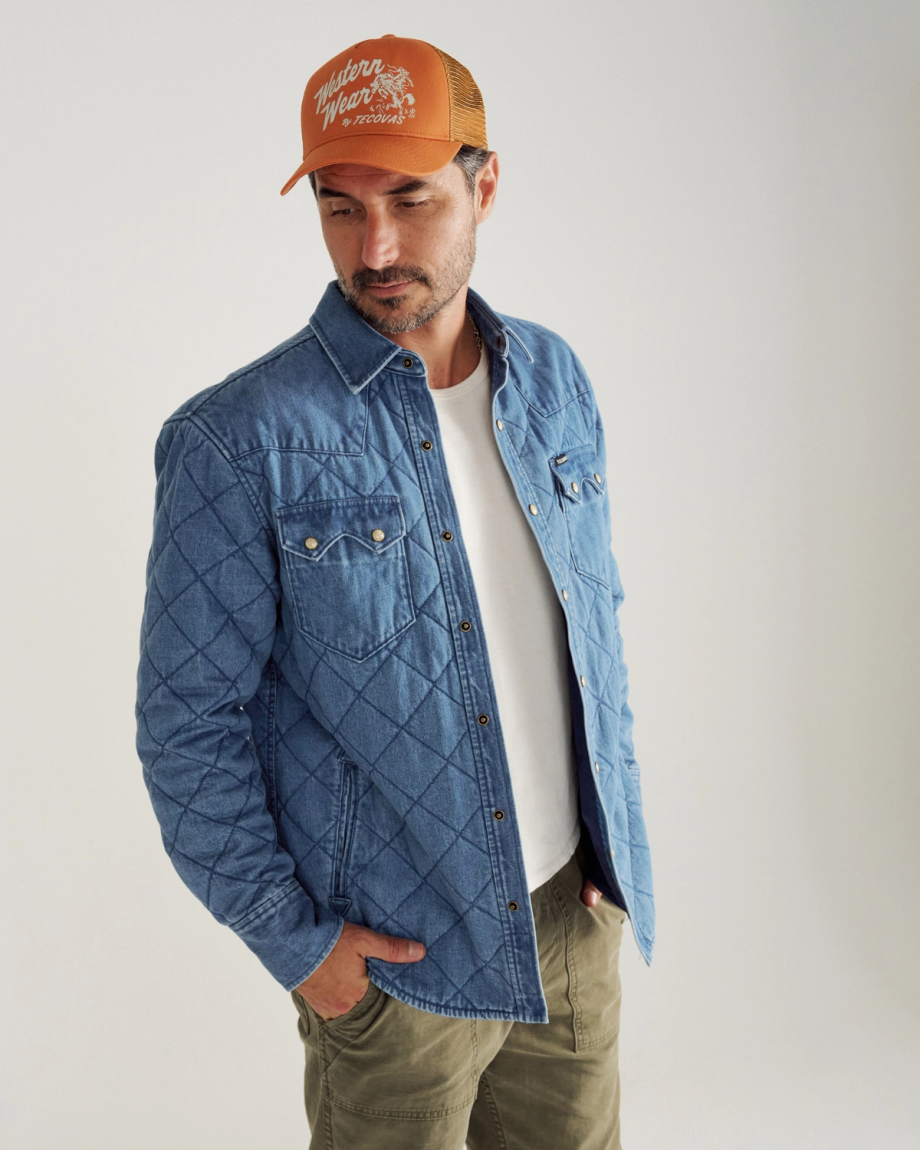 Front view of Men's Quilted Denim Shacket - Medium on model