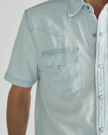Closeup detail view of Men's Denim Short Sleeve Pearl Snap - Ultra Light