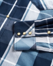 Close-up of a blue and white plaid shirt sleeve with three gold buttons on the cuff.