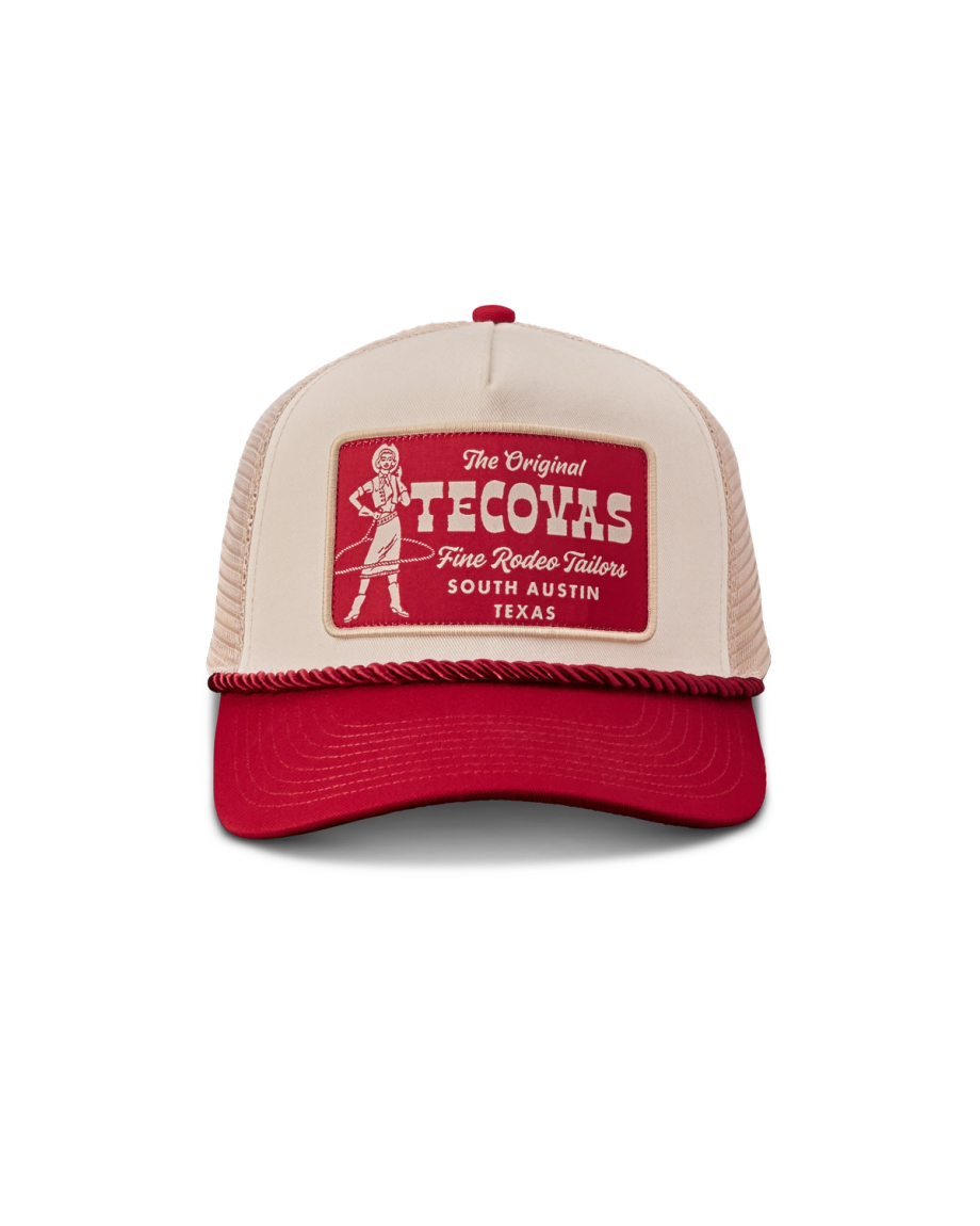 Front view of Tecovas Cowgirl Patch 5 Panel Trucker - Red / White on plain background