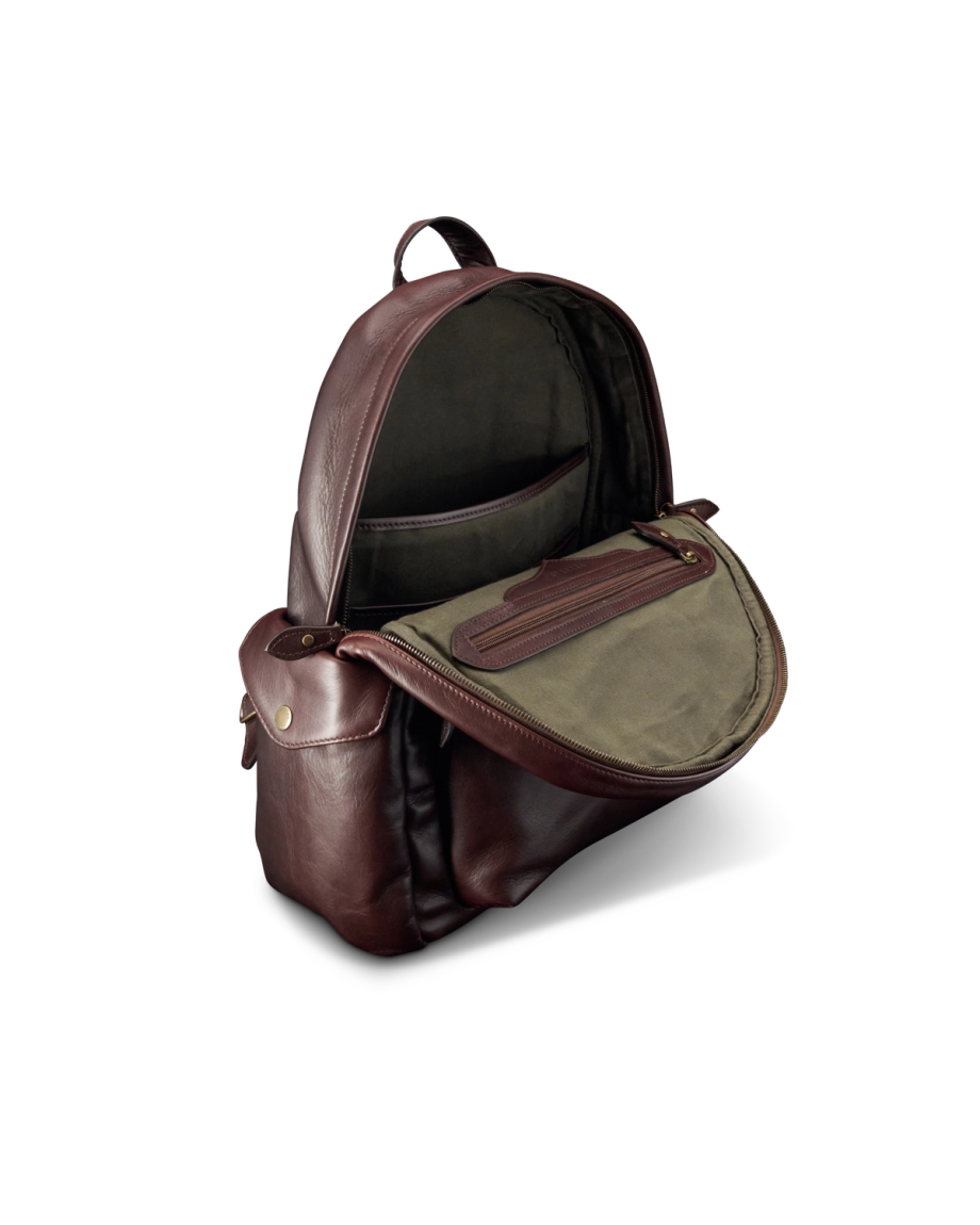 Front view of Men's Leather Backpack - Dark Brown on plain background