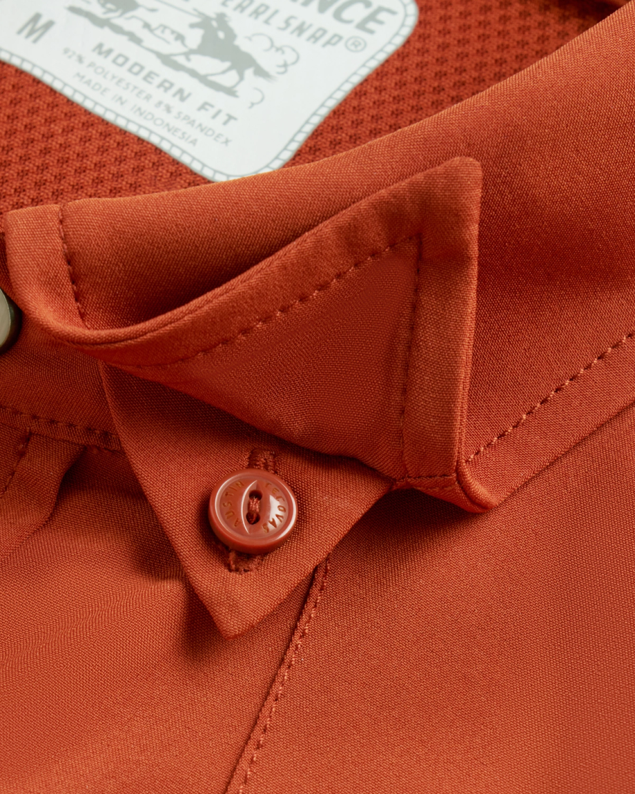 Closeup detail view of Men's Performance Western Pearl Snap SS - Orange Rust