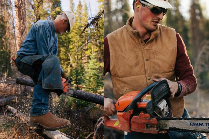 split screen of two men sawing trees