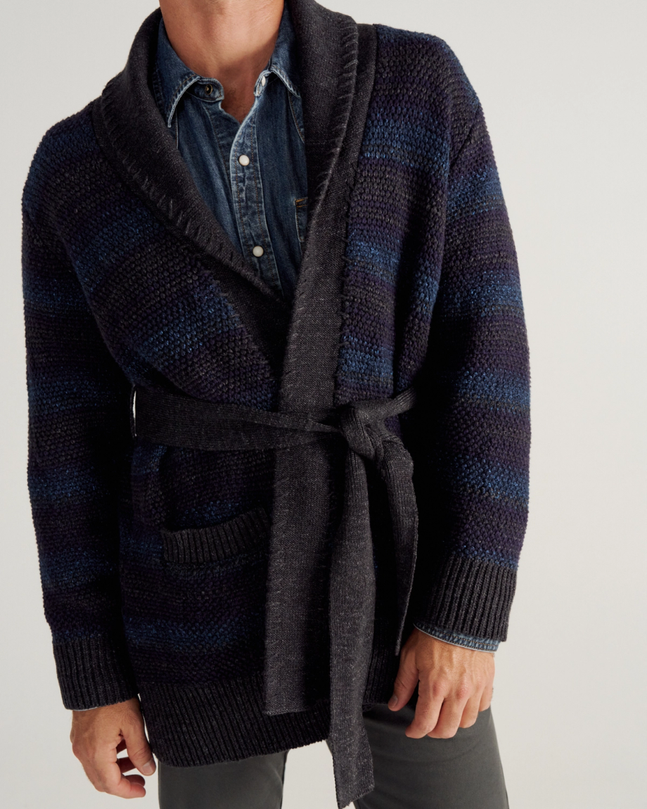 Closeup detail view of Men's Shawl Collar Wrap Sweater - Multi