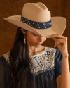 Front view of Mi Golondrina Hat Band - Blue/White on model