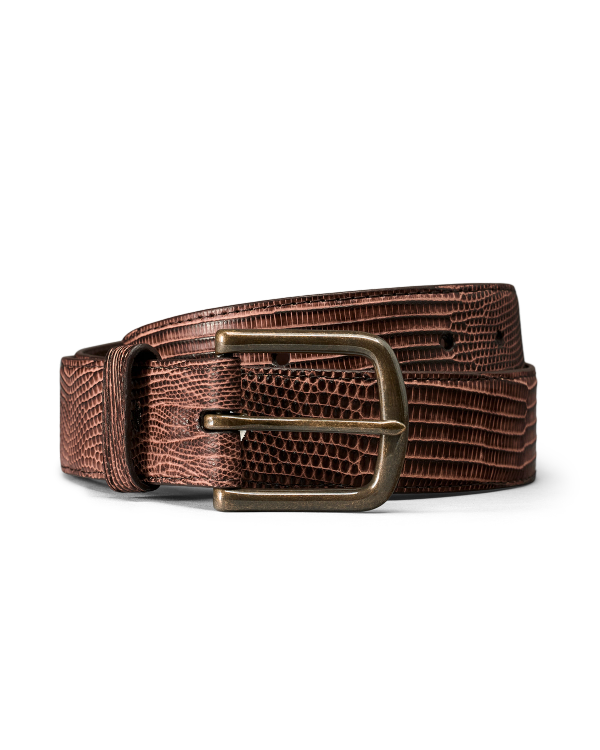 Front view of Men's Lizard Belt - Cask on plain background