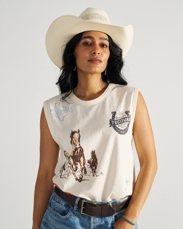 Front view of Women's Muscle Tank - Bone on model