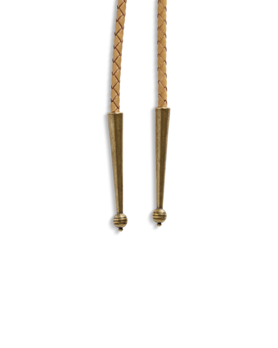 Closeup view of Iron Lamb Abalone Bolo - Blue / Tan