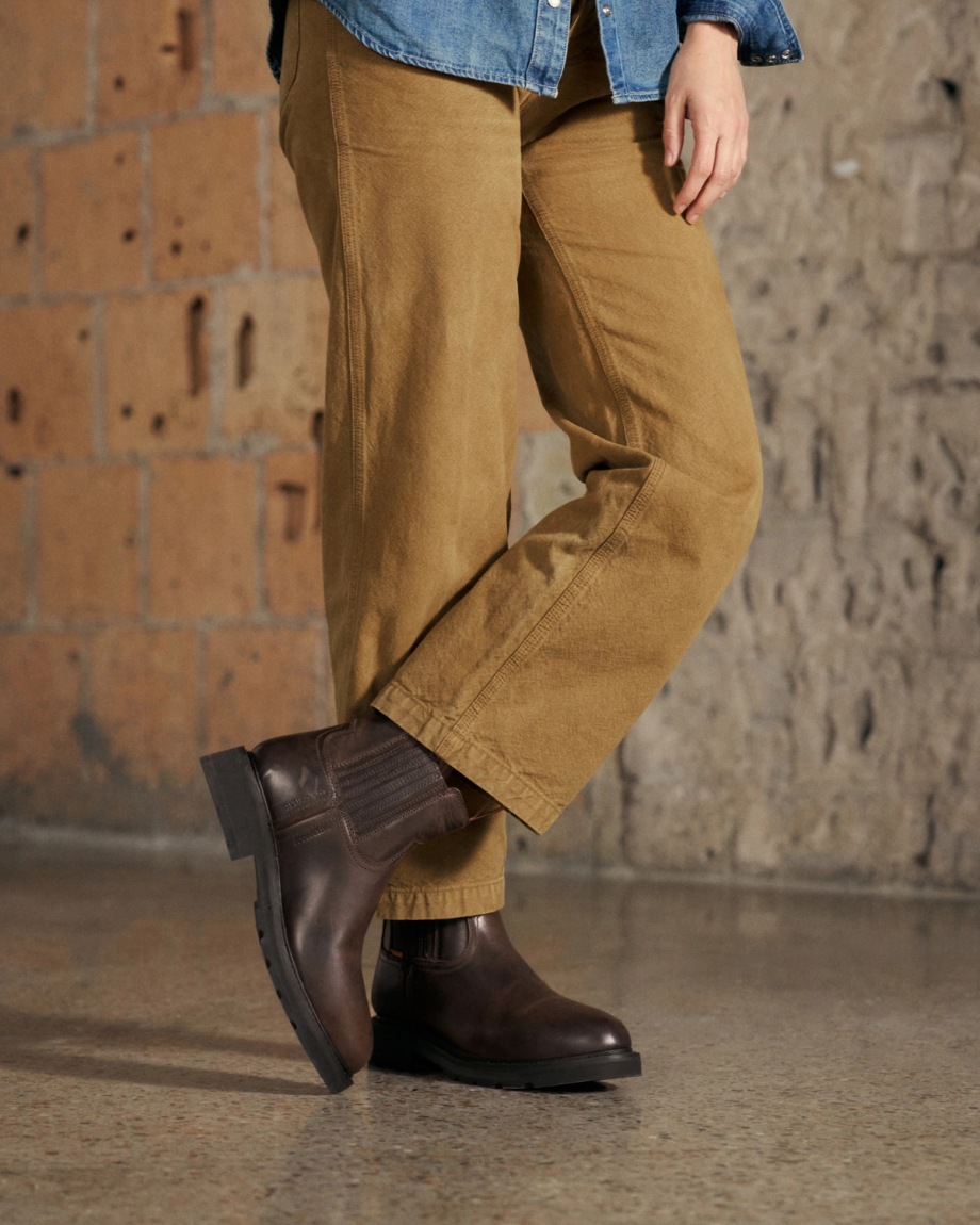Toe view of Women's LongHaul Waterproof Chelsea Composite Toe Work Boot - Espresso Cowhide on plain background