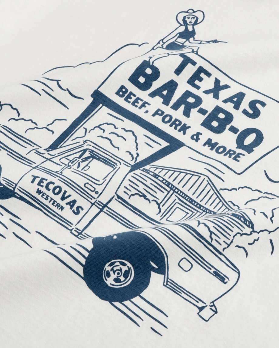 Closeup view of Men's Texas BBQ Tee - Bone / Blue