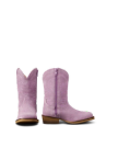 A pair of children's pink cowboy boots, one facing forward and the other showing a side view with a zipper, on a plain white background.
