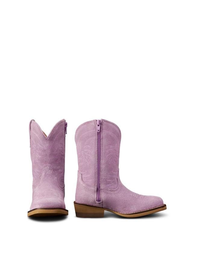 A pair of children's pink cowboy boots, one facing forward and the other showing a side view with a zipper, on a plain white background.