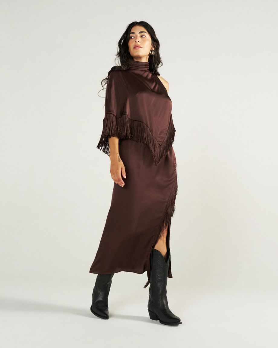 Closeup detail view of Women's Fringe Midi Skirt - Espresso