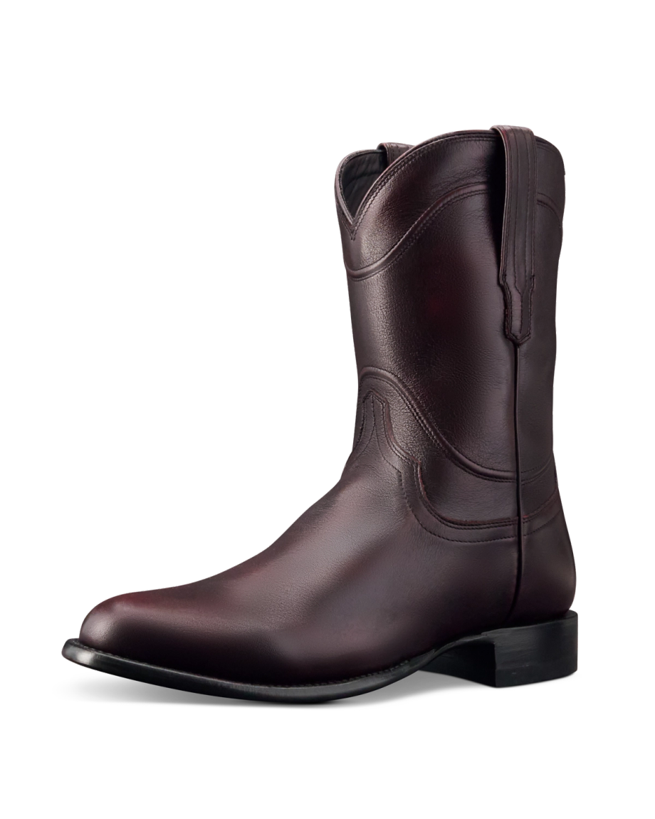 Quarterfront view of The Earl - Black Cherry Cowhide on plain background