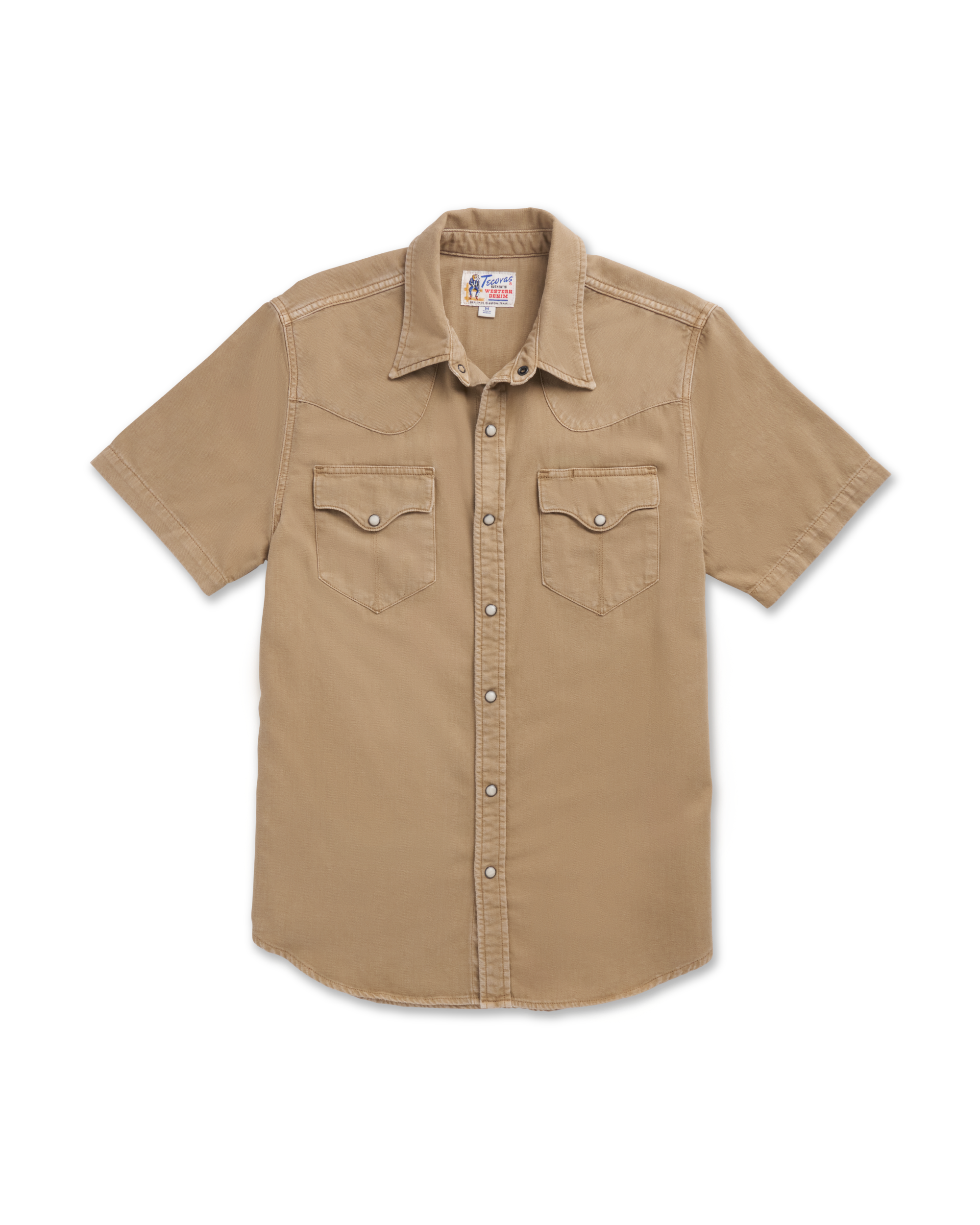 Closeup detail view of Men's Denim Short Sleeve Pearl Snap - Coriander