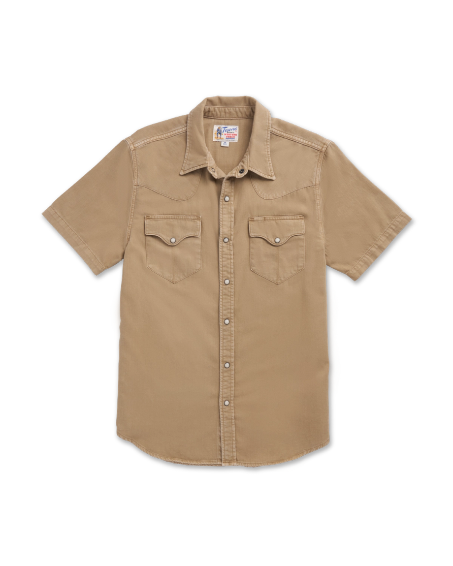 Closeup detail view of Men's Denim Short Sleeve Pearl Snap - Coriander