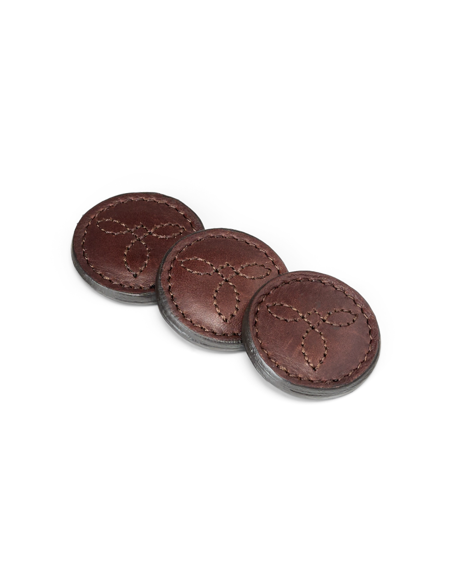Front view of Leather Golfball & Tee Holder - Dark Chocolate on plain background