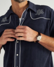 Closeup detail view of Men's Terry Pearl Snap - Navy