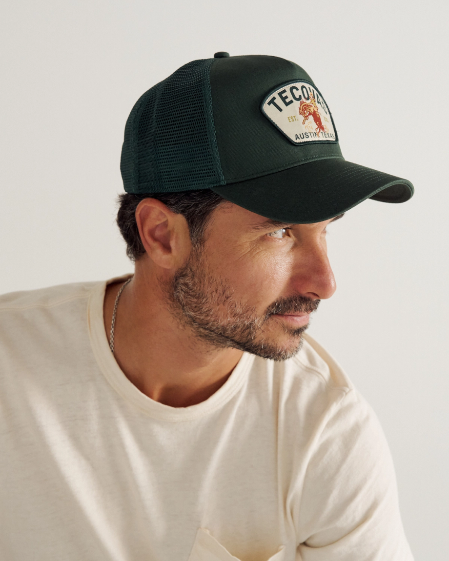 View of Tecovas Buckin Bronc 5 Panel High Pro Trucker - Forest Green