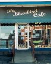 Exterior view of the bluebird cafe with reflective glass doors showing the street's reflection and a person seated inside.