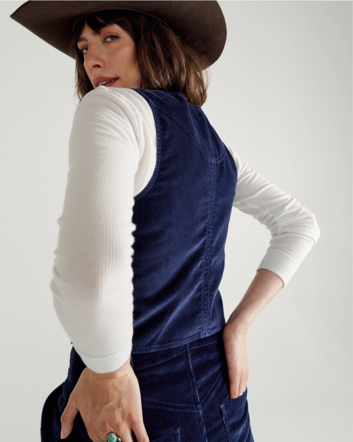 Back view of Women's Corduroy Vest - Navy on model