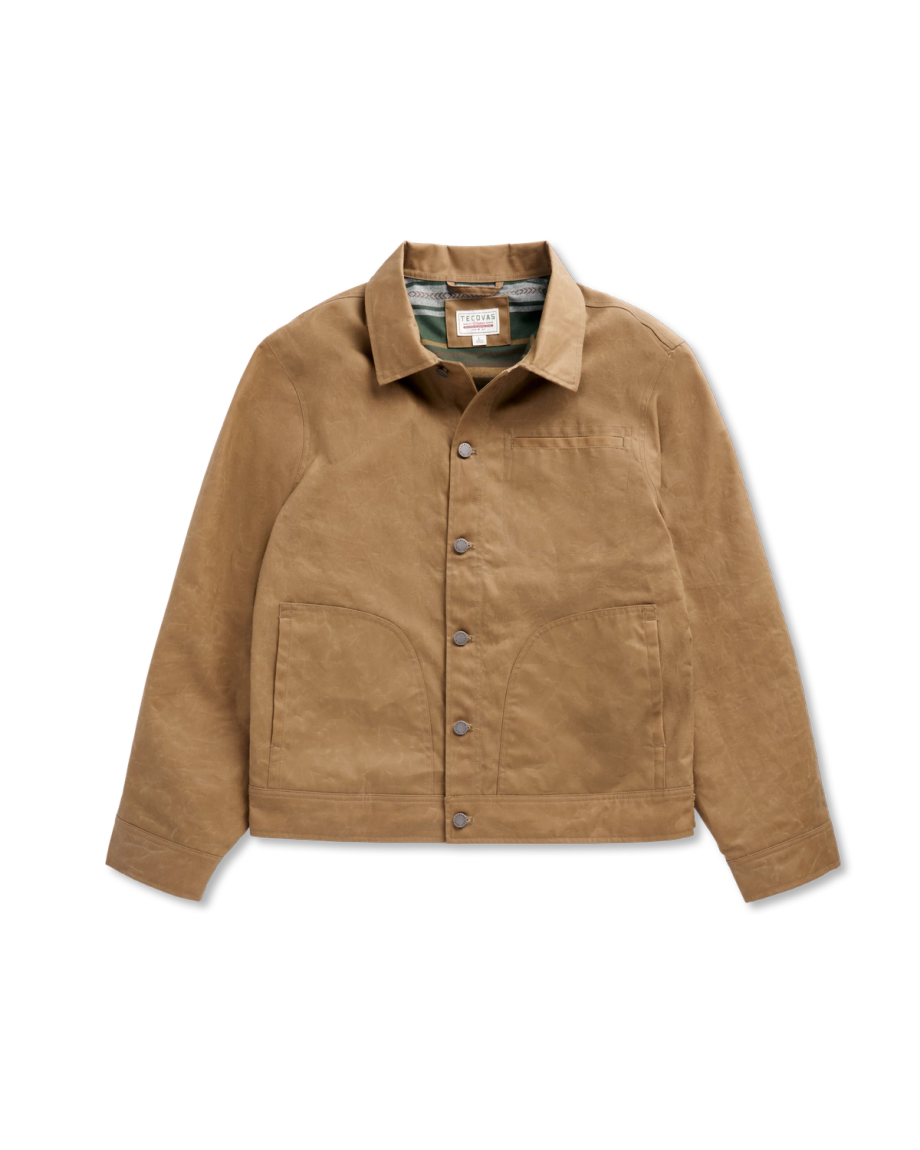 Front view of Men's Waxed Ranch Jacket - Field Tan on plain background