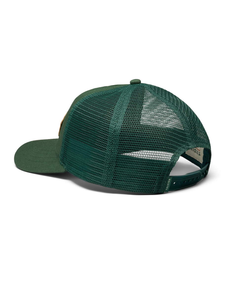 Quarterback view of Longhorn Badge Trucker - Hunter Green on plain background