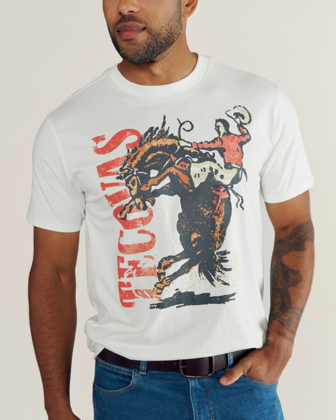 Front view of Men's Buckin Bronco Tee - Bone / Multi on model