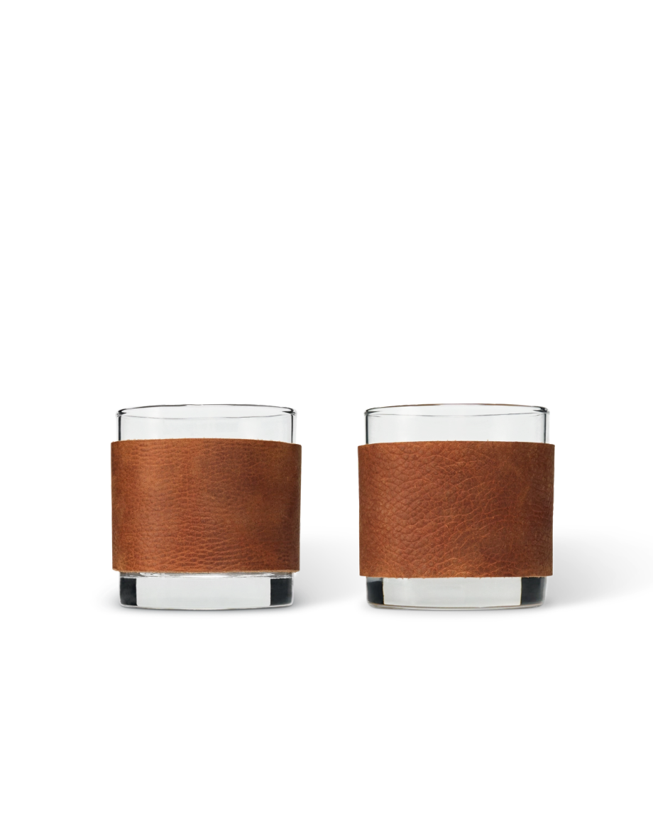 Front view of Leather Rocks Glasses 2 Pack - Brown on plain background