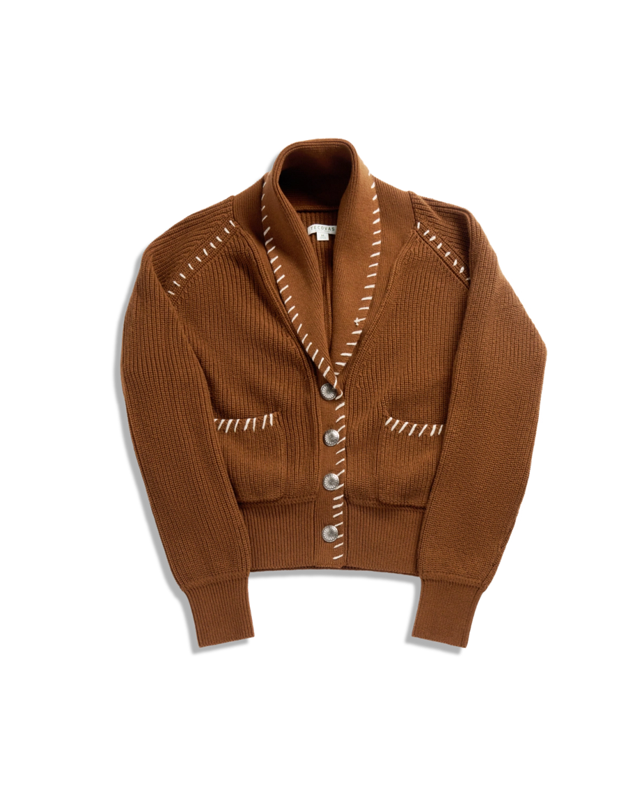 Closeup detail view of Women's Shawl Collar Cardigan Sweater - Tan