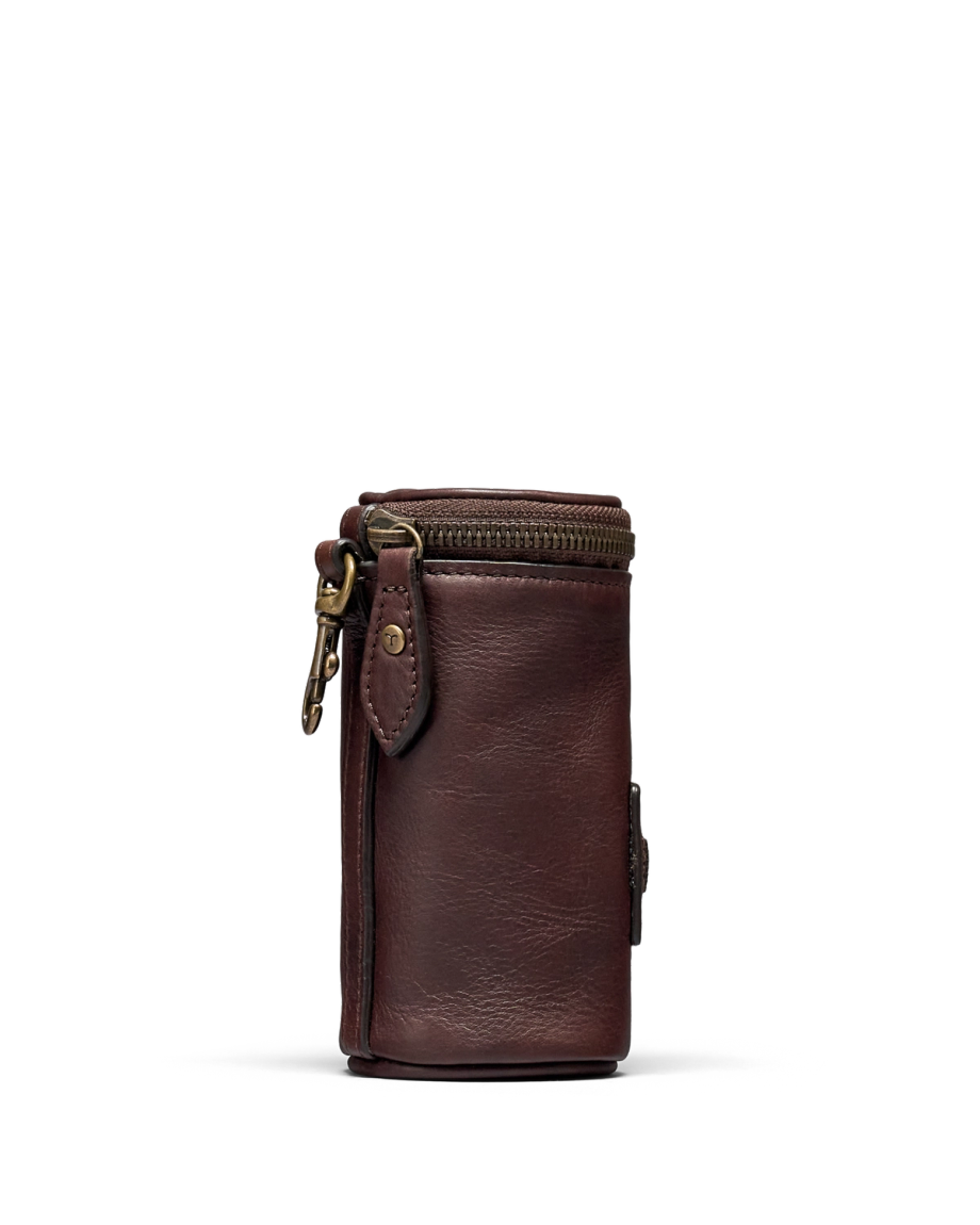 Quarterfront view of Leather Golfball & Tee Holder - Dark Chocolate on plain background