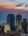 Promotional image of the denver skyline at sunset with text "city & cast denver" overlaying a colorful sky.