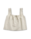 Sleeveless beige and white striped blouse with scalloped edges, decorative buttons, lace-trimmed straps, and a front tie, displayed on a black background.