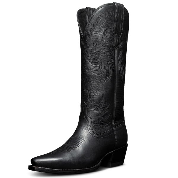 A single black leather cowboy boot with decorative stitching and a pointed toe, displayed on a transparent background.