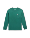 Long-sleeve green crewneck T-shirt with a chest pocket, displayed flat against a black background.