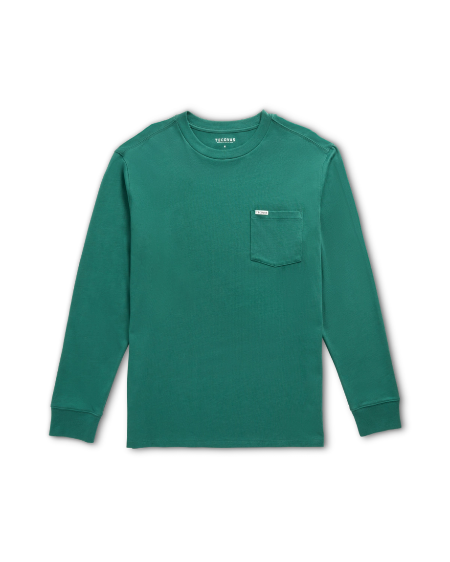 Long-sleeve green crewneck T-shirt with a chest pocket, displayed flat against a black background.