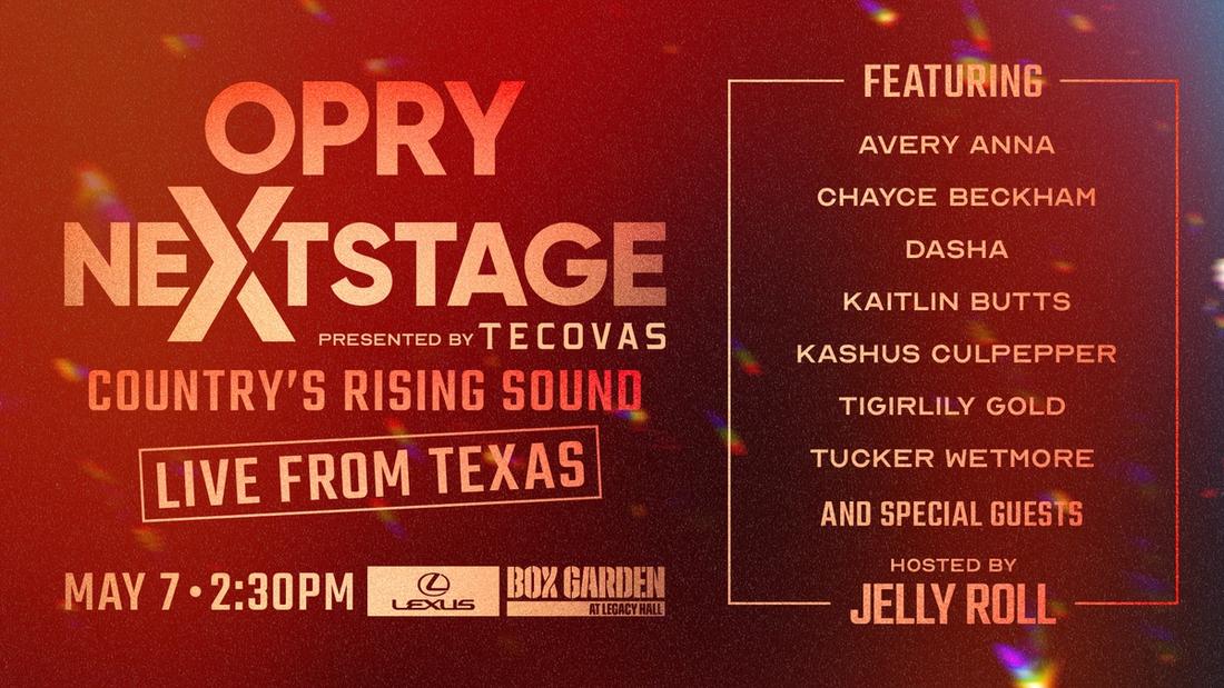 Poster for "Opry NextStage" event detailing performers: Avery Anna, Chayce Beckham, Dasha, Kaitlin Butts, and others, hosted by Jelly Roll on May 7 at 2:30 PM at Box Garden.