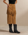 Closeup detail view of Women's Goat Suede Fringe Skirt - Tan